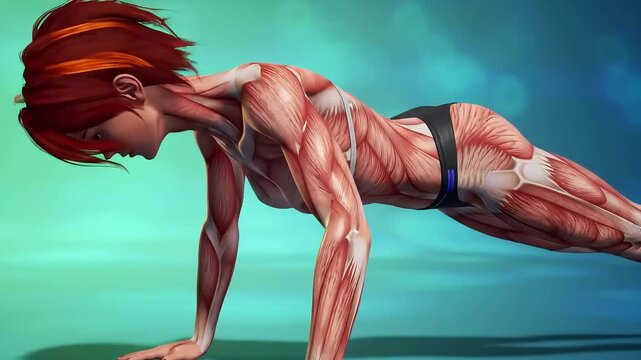 Anatomical 3D Animation of a Woman Performing a Plank Exercise Showing Muscle Engagement.