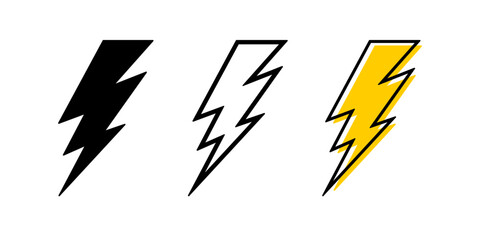 Set of lightning icons. Thunderbolt silhouettes isolated on white background. Blitz, flash light, energy, power or voltage symbols. Danger, hazard or warning pictograms. Vector graphic illustration.