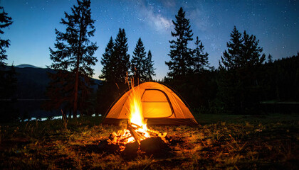Camping tent illuminated by campfire at night in forest with starry sky and pine trees, creating peaceful and adventurous outdoor atmosphere