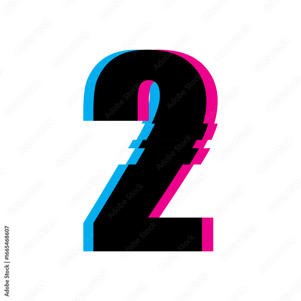 Poster number two typography. glitch art distortion. digital noise vector. cyber screen error.