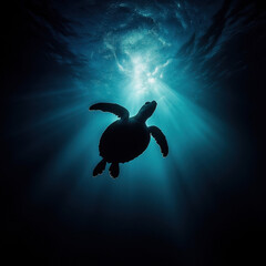 Silhouetted sea turtle gliding through glowing bioluminescent waters, ethereal and magical atmosphere, cinematic depth, breathtaking marine photography, ultra-high resolution 