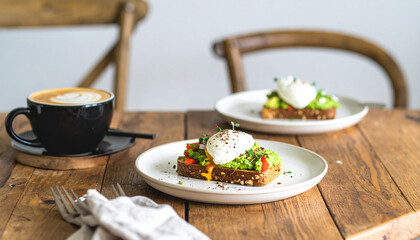 Poached egg on avocado toast with red pepper and microgreens served on white plates with cup of latte on wooden table, cozy breakfast setting with natural light