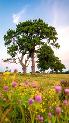 Lush meadow with towering trees at sunset