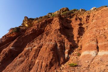 Telheiro beach at sunset in Sagres, Portugal, with its colorful cliffs.