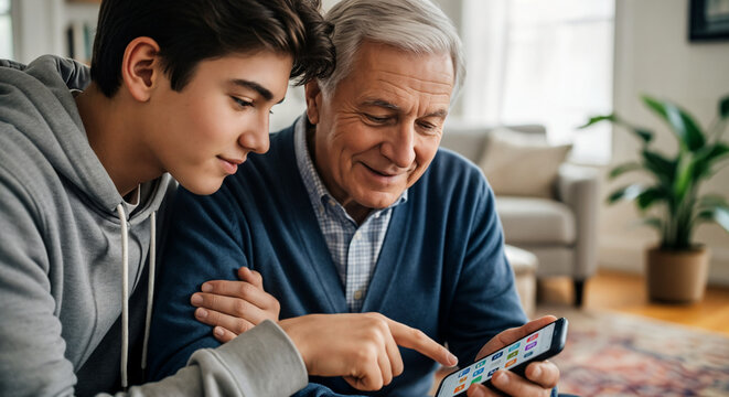 Elderly Man Receiving Help with Mobile Phone from Teenage Grandson