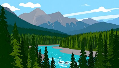 A serene mountain landscape showcases a winding river flowing through a dense forest, with towering peaks in the background.