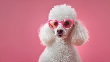 Adorable Funny White Poodle Dog in Pink Sunglasses