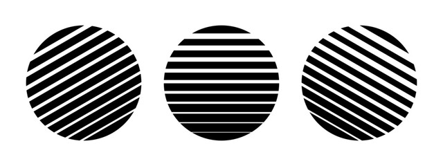 Black striped circles isolated on white background. Round streaked shapes. Moon, sunrise or sunset icons. Minimalistic geometric elements. Vector graphic illustration.