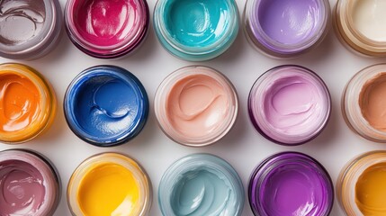Colorful jars of cosmetic creams or paints arranged in a grid pattern on a white surface.