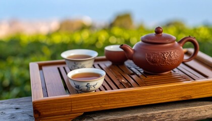 A wooden tray holds a traditional tea set, featuring a reddish-brown teapot and two small cups, placed amidst a blurred backdrop of tea plants.