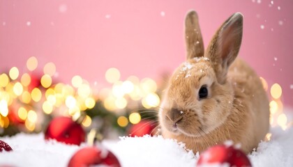 A charming little rabbit nestled in a bed of snow, surrounded by festive Christmas decorations and warm lighting.