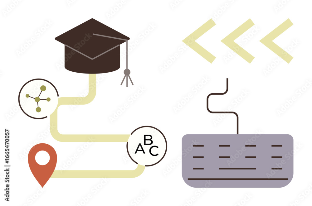 Poster graduation cap on a path connecting location marker, learning nodes, and a keyboard. ideal for educa
