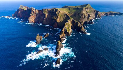 Aerial View of Rugged Island Coastline with Basalt Cliffs and White Surfing Waves Against Deep Blue Ocean