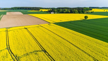 An aerial view of vibrant yellow rapeseed fields interspersed with expansive green fields, showcasing the agricultural landscape's geometric patterns and the clear blue sky above.