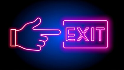A neon-pink and blue graphic displays a hand pointing toward an exit sign.