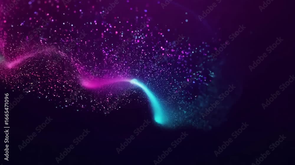 Poster abstract particle trail animation with pink and cyan colors on a dark background