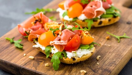 Two gourmet bruschetta topped with prosciutto, colorful cherry tomatoes, creamy cheese, and fresh arugula, displayed on a rustic wooden cutting board.