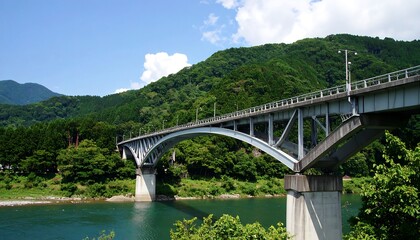 A large, light-gray metal arch bridge spans a tranquil river, framed by lush green hills under a vibrant blue sky.