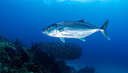 Naklejka premium A large, silver-scaled fish swims majestically through a vibrant underwater scene, showcasing a striking contrast against the deep blue ocean.