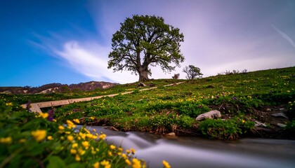 A serene hillside landscape showcases a large tree atop a grassy knoll, bathed in soft light, with a flowing stream and a wooden bridge winding through a vibrant meadow of wildflowers.