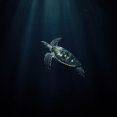 Obraz premium Turtle emerging from the deep sea, dark mysterious background, gentle ambient light illuminating textures, cinematic wildlife photography, ultra-high resolution 