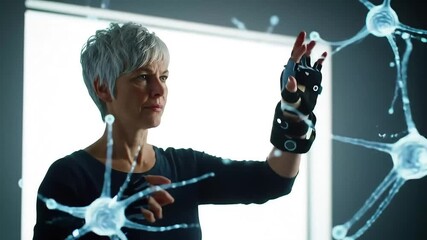 Female scientist using advanced haptic gloves to interact with a projected neural network visualization.