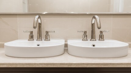 Fototapeta premium Elegant Double Sink Bathroom Vanity with Modern Faucets and Clean Lines in a Contemporary Interior Setting