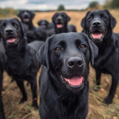 Fototapeta premium A curious black Labrador Retriever with amber eyes leads a pack of happy identical dogs looking at the camera.
