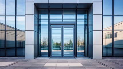 The sleek glass entrance and reflective facade of a contemporary corporate office building