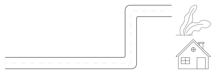 Curved road leading to a small house with a chimney and two trees. Ideal for rural living, simplicity, minimalism, home design, navigation, real estate, or neighborhood concepts. Simple flat metaphor