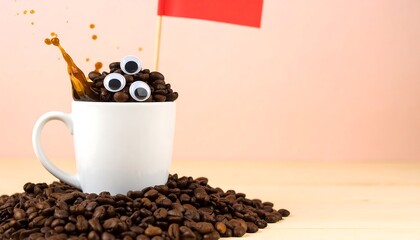 A white mug filled with coffee beans, decorated with googly eyes, has coffee splashing over the top.
