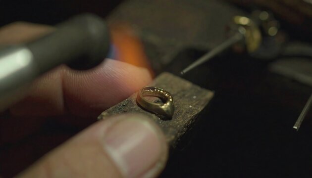 Close-up of jeweler heating metal ring