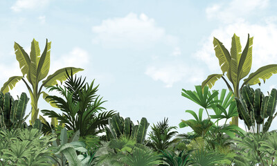 Tropical Landscape with Palm Trees Watercolor Illustration, Exotic Beach Scene