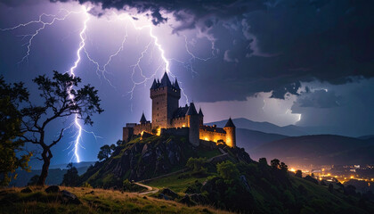 Fototapeta premium A witch casting a spell in front of a spooky haunted house on Halloween night in Switzerland.