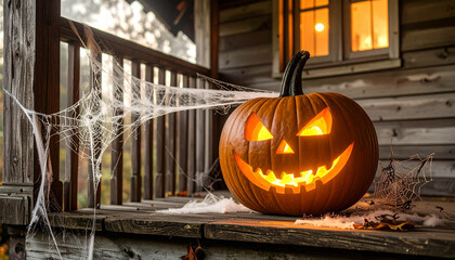 A classic jack-o'-lantern with a menacing grin, its candlelit glow creating a spooky Halloween atmosphere in Switzerland.