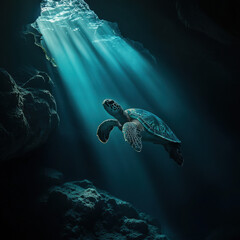 Obraz premium Turtle navigating through an ancient underwater cave, deep shadows and mysterious lighting, cinematic marine wildlife photography, ultra-detailed fine art composition 