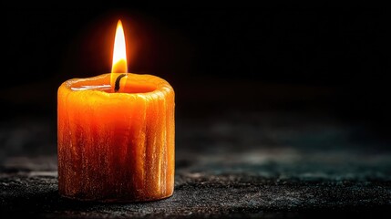 Single candle flame, warm amber color, dark background