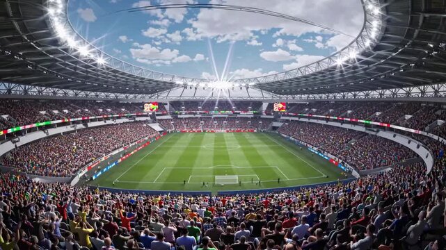 A full soccer stadium with a crowd watching a game on the field