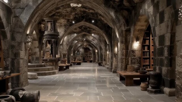 Ancient stone library with arched corridors and wooden furniture. Medieval monastery or castle interior. Historical archive or magical school concept for fantasy film set