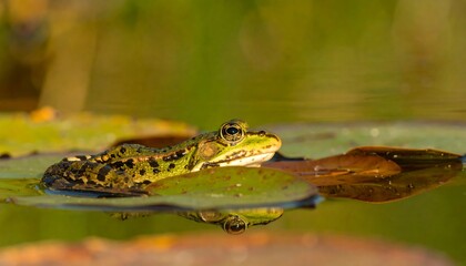 Obraz premium A tranquil frog rests serenely on a lily pad, its reflection mirrored in the still water.