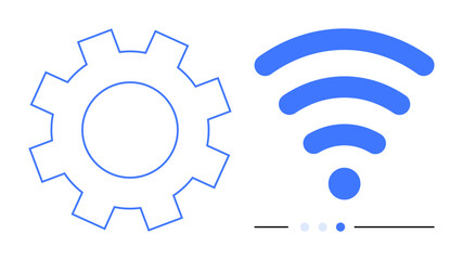 Blue gear symbolizing settings alongside a wireless signal icon representing wireless connectivity. Ideal for technology, network, automation, innovation, internet, communication, simple landing page