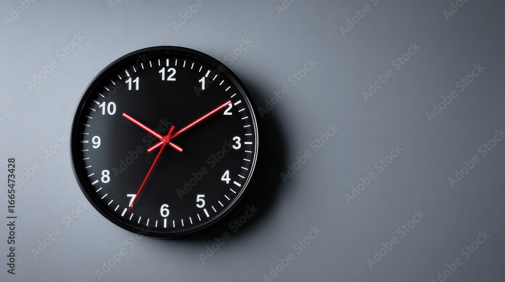 Poster Clock Displaying Time on a Simple Gray Wall Background With Bold Red Hour and Minute Hands
