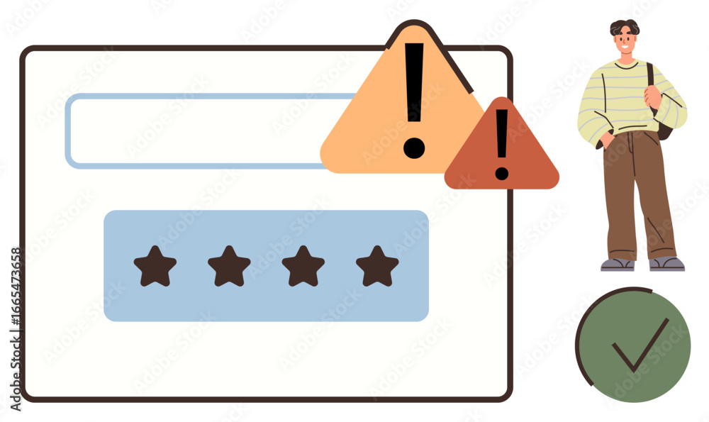 Poster login form with star rating, warning alerts for errors, and confirmation checkmark. male character a