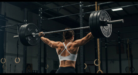 Athletic woman performing weightlifting exercise in gym, showing muscular back strength and determination during overhead barbell lift.