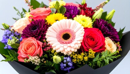A vibrant bouquet of colorful flowers, featuring a variety of roses, daisies, and other blossoms in warm and cool hues, creates a joyful and celebratory display.