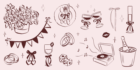 Hand drawn coquette wedding elements. Vintage cute symbols with ribbon and bow in simple crayon sketch style. Trendy art for Valentine day and bachelorette invitations. Doodle vector illustration