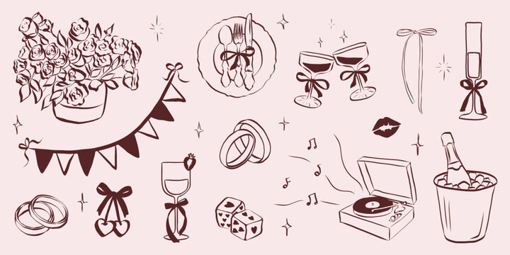 Hand drawn coquette wedding elements. Vintage cute symbols with ribbon and bow in simple crayon sketch style. Trendy art for Valentine day and bachelorette invitations. Doodle vector illustration - Powered by Adobe