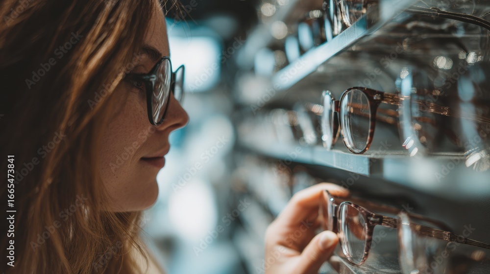 Aufkleber choosing stylish eyeglasses in an optical store with various frames on display during a sunny aftern