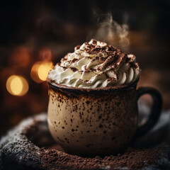 Velvety hot chocolate topped with whipped cream and cocoa powder, rich warm tones, cozy winter setting, soft natural lighting, cinematic fine art photography, ultra-detailed textures 
