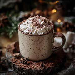Velvety hot chocolate topped with whipped cream and cocoa powder, rich warm tones, cozy winter setting, soft natural lighting, cinematic fine art photography, ultra-detailed textures 